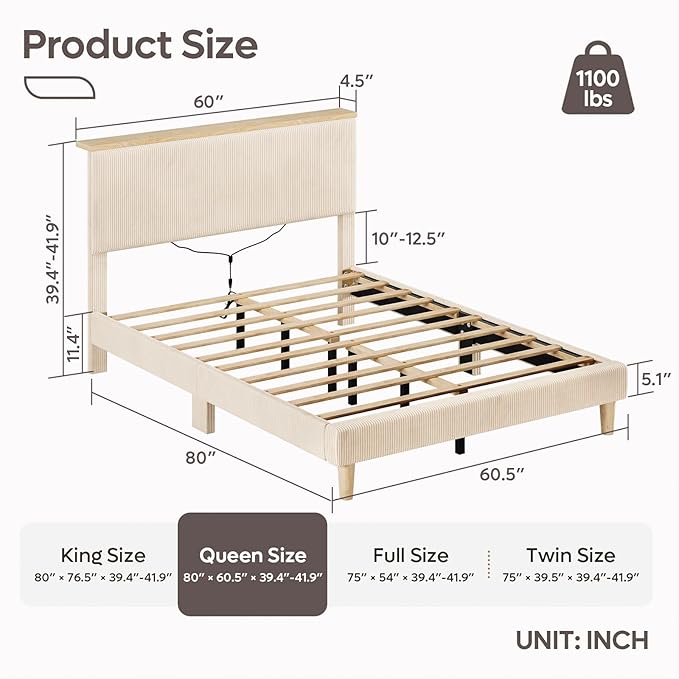 Bestier Queen Bed Frame with Adjustable Headboard & LEDLighting, Corduroy Upholstered Platform Bed Frame withStorage Shelf, Solid Wood Slats, No Box Spring Needed,Never Squeak, Easy Assembly, Beige
