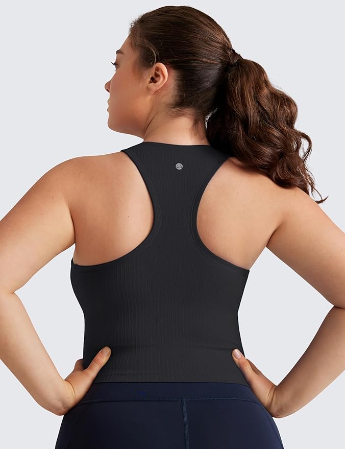 CRZ YOGA Seamless Ribbed High Neck Crop Tank Tops for Women - Longline Racerback Padded Sports Bras
