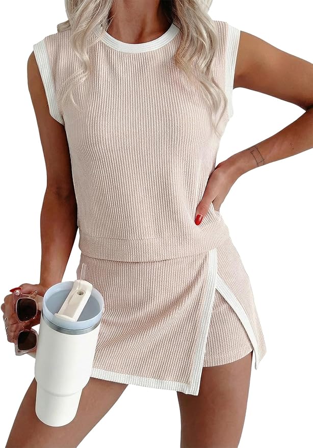 EVALESS 2 Piece Sets for Women Summer Outfits Ribbed Knit Tank Top and Split Lined Skirt Two Pieces Lounge Matching Set