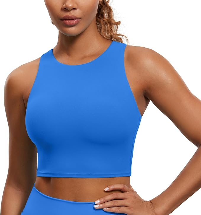 CRZ YOGA Butterluxe High Neck Crop Tank Tops for Women - Racerback Padded Longline Sports Bras Workout