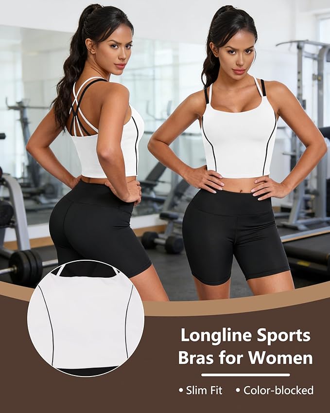 QUOJIZY Longline Sports Bras for Women Spaghetti Straps Tank Top with Built-in Bra Strappy Sports Bra for Yoga