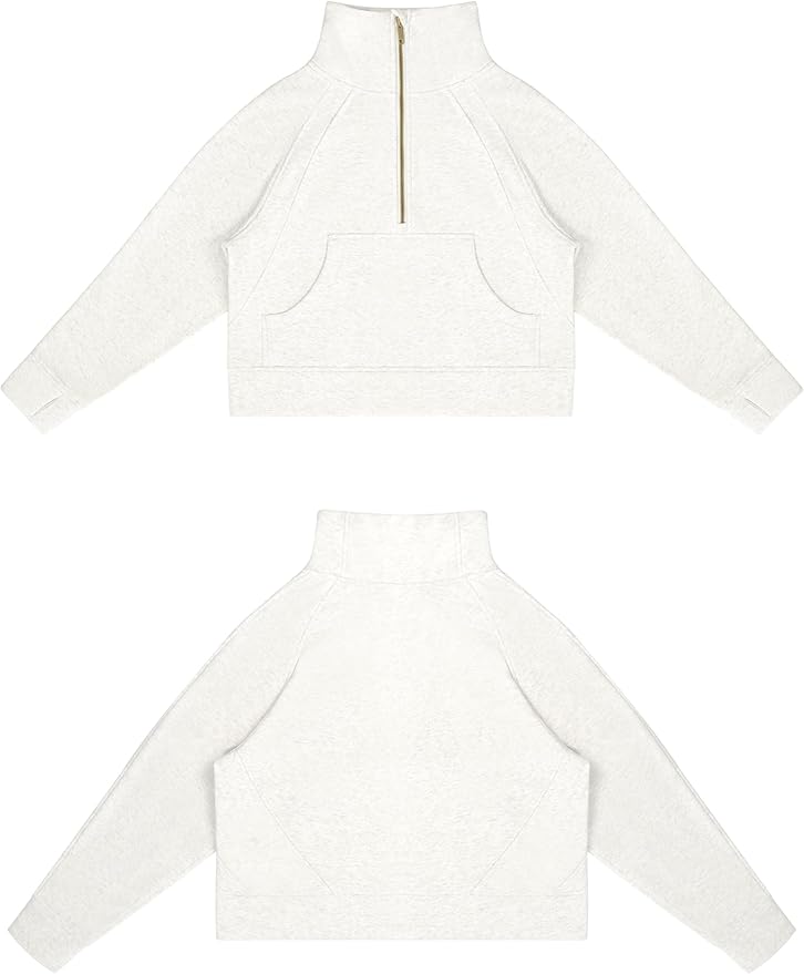 THE GYM PEOPLE Womens' Half Zip Pullover Fleece Stand Collar Crop Sweatshirt with Pockets Thumb Hole