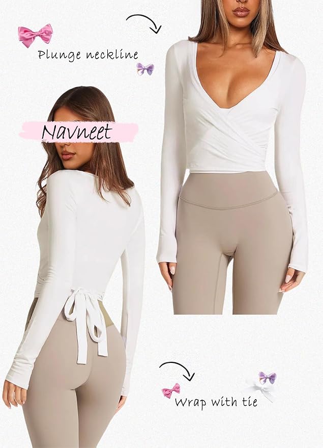 Navneet Women Long Sleeve Ballet Pilates Yoga Wrap Tie Front Tops Workout Gym Shirts Cardigan