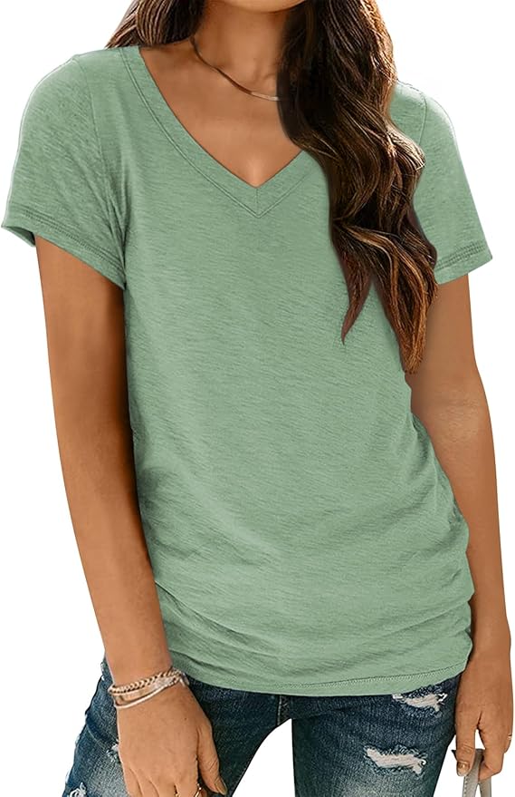 AUTOMET T-Shirts Short Sleeve V Neck Tees Tops for Women Fashion Trendy Lightweight Soft Casual Summer Outfits Clothes 2026