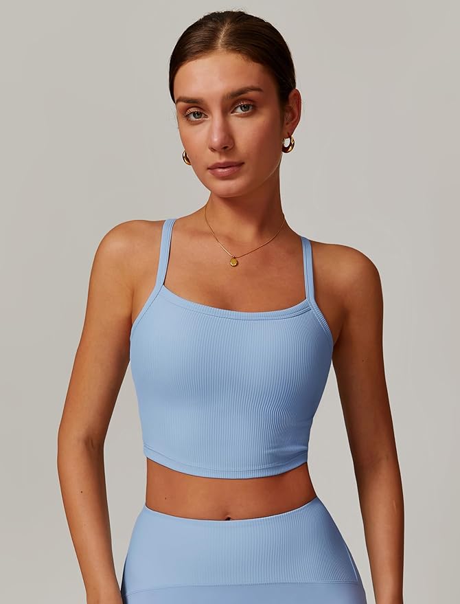 QBGJTD Womens Longline Sports Bras Cross Back Active Gym Yoga Padded Workout Crop Tank Top with Built in Bra