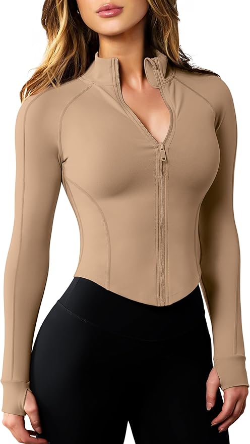 AVGO Women's Workout Jacket Lightweight Zip Up Cropped Yoga Jackets Slim Fit Athletic Tops with Thumb Holes