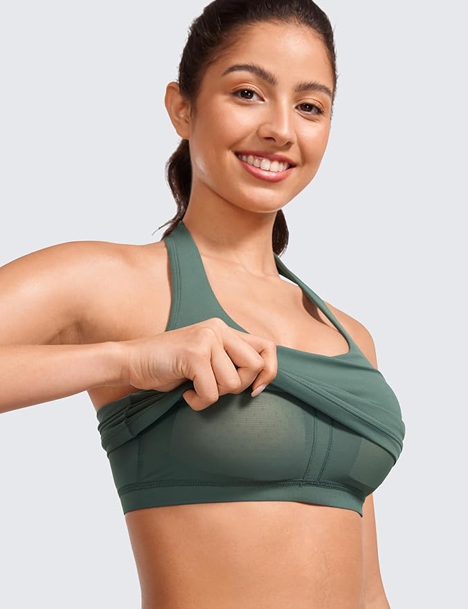 CRZ YOGA Butterluxe Halter Crop Tank Tops for Women - Open Back Padded Longline Sports Bras Workout Gym