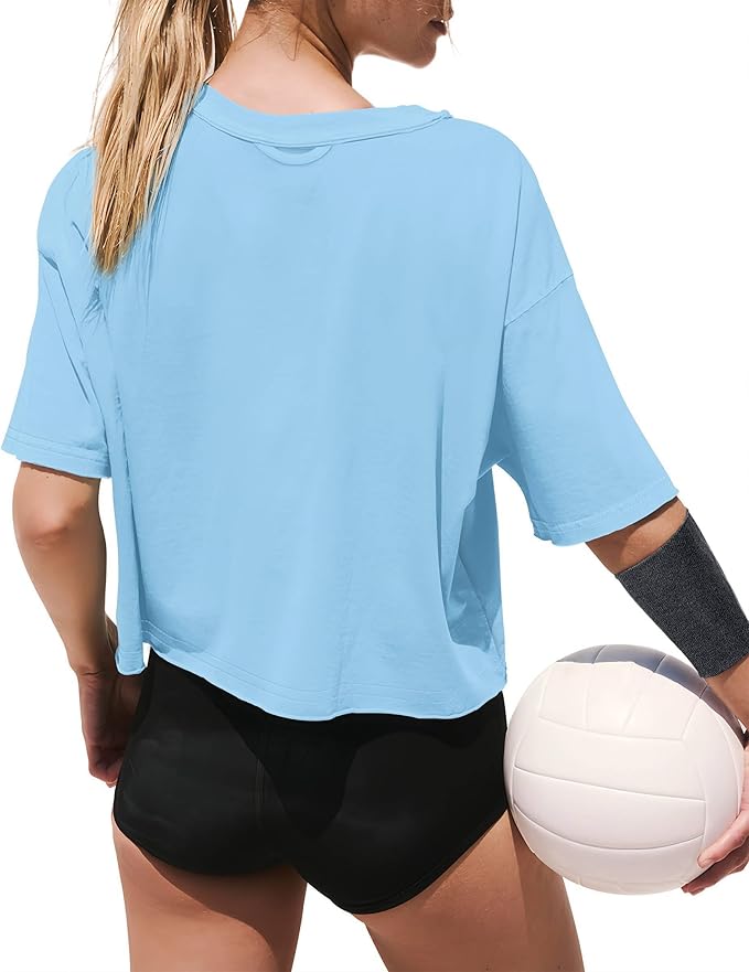 XIEERDUO Cotton Tshirts for Women Drop Shoulder Round Neck Oversized Crop Tops Workout Tops Tees