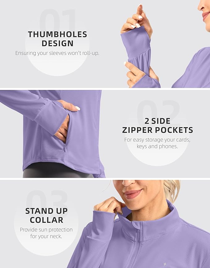 Soothfeel Women's UPF 50+ Lightweight Athletic Jackets Sun Protection Zip Up Long Sleeve Shirts Hiking Workout Outdoor Pocket