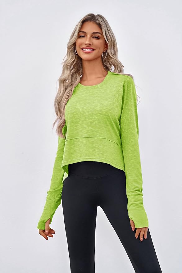Aurgelmir Womens Long Sleeve Cropped Tops Loose Workout Athletic T-Shirts Flowy Sweatshirt for Yoga Tiered Hem Gym Tees