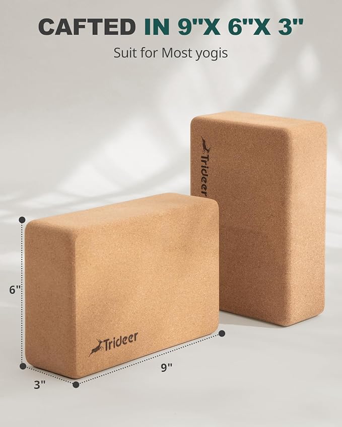 Trideer Cork Yoga Blocks, 2 Pack Yoga Blocks Natural Cork, High Density Yoga Block with Non Slip Surface, Eco-Friendly Yoga Accessories for Women, Ideal for Yoga, Pilates, Stretching