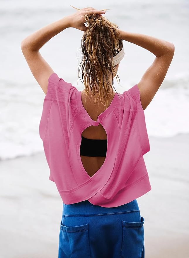 Kumufenc Women Short Sleeve Workout Shirts Open Back Tops Casual Yoga Y2k Athletic Gym Slouchy Crop Running Tees