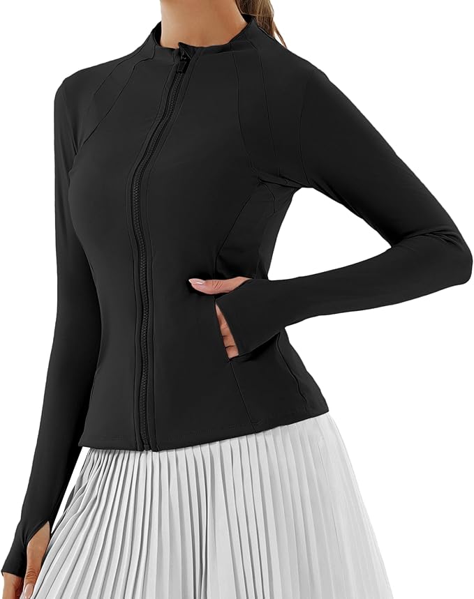 Women Jacket Full Zip UP Workout Athletic Cropped Jacket wIth Thumb Holes Running Yoga Sportswear