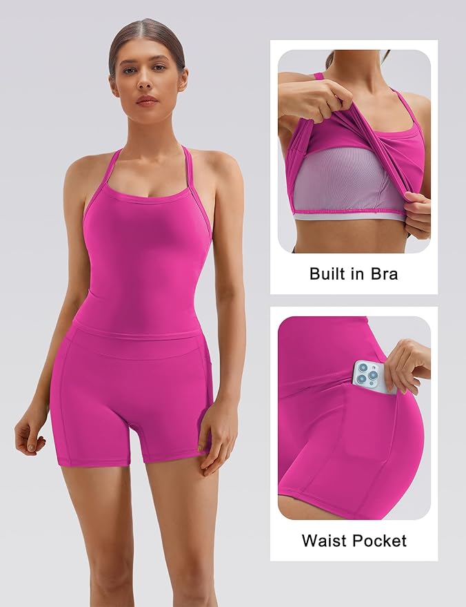 SUUKSESS Women 2 Piece Workout Sets High Waisted Biker Shorts with Pockets Built in bra Racerback Tank Tops