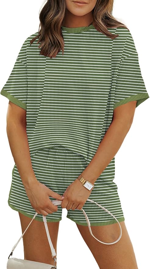 MARZXIN Women 2 Piece Shorts Set 2026 Casual Summer Cruise Outfits Ribbed Loose Short Sleeve Pocket Matching Lounge Sets