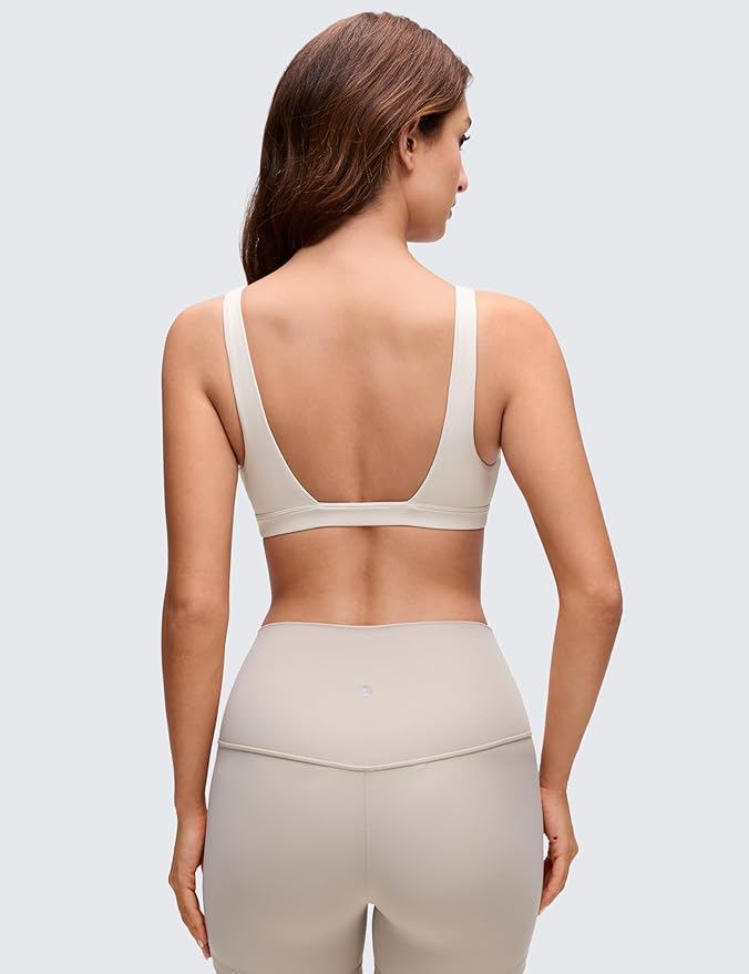 CRZ YOGA Butterluxe Soft Double Lined Deep V Neck Sports Bras for Women - Open Back Yoga Crop Top Casual Non Padded