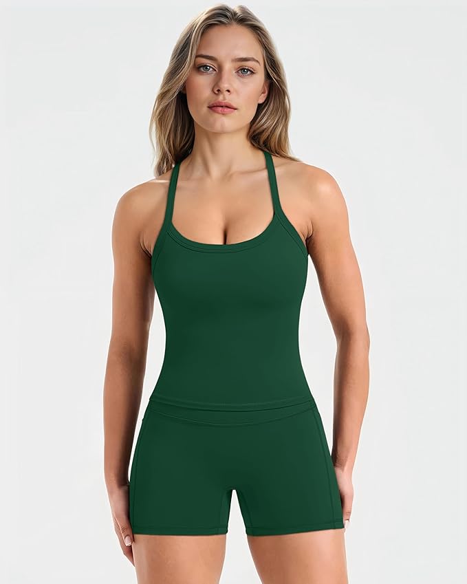 SUUKSESS Women 2 Piece Workout Sets High Waisted Biker Shorts with Pockets Built in bra Racerback Tank Tops