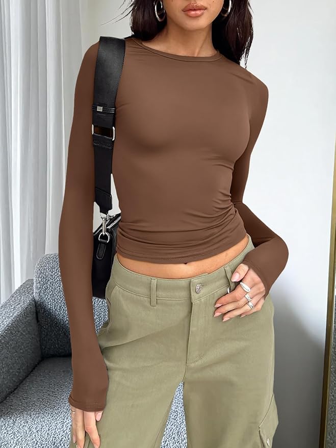 Trendy Queen Womens Long Sleeve T Shirts Fall Fashion 2026 Basic Crop Tops Going Out Outfits Y2k Clothes