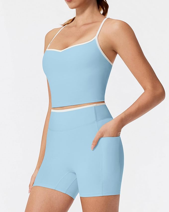 RXRXCOCO Color Block Workout Sets for Women 2 Piece Padded Strappy Tank Tops Hidden Scrunch Booty Shorts with Pockets