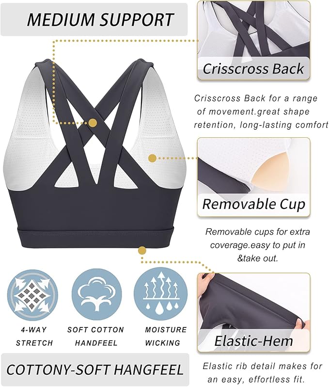 RUNNING GIRL Sports Bras for Women,Padded Strappy Sports Bras Criss-Cross Back Medium Support Sports Bras with Removable Cups