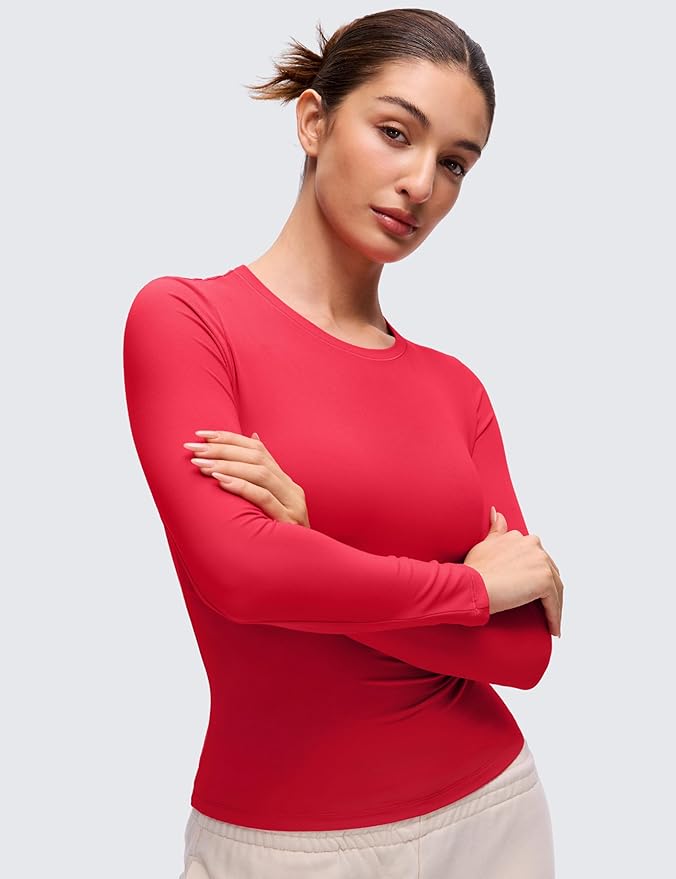CRZ YOGA Softembrace Crewneck Long Sleeve Shirts for Women - Casual Going Out Tops Soft Basic Fitted Tight Fall T-Shirts
