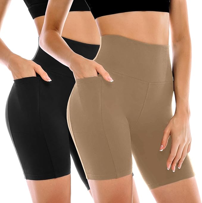 Leafigure 2 Pack Womens Biker Shorts with Pockets, High Waisted Yoga Shorts for Women Running Gym and Workout