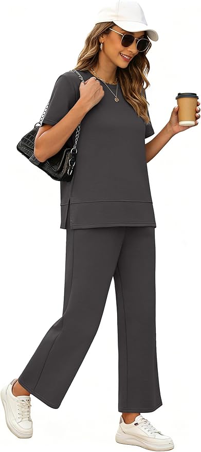 XIEERDUO Women's Side Slit Lounge Sets 2026 Fashion 2 Piece Travel Outfits Cozy Loungewear Wide Leg Tracksuits S-3XL