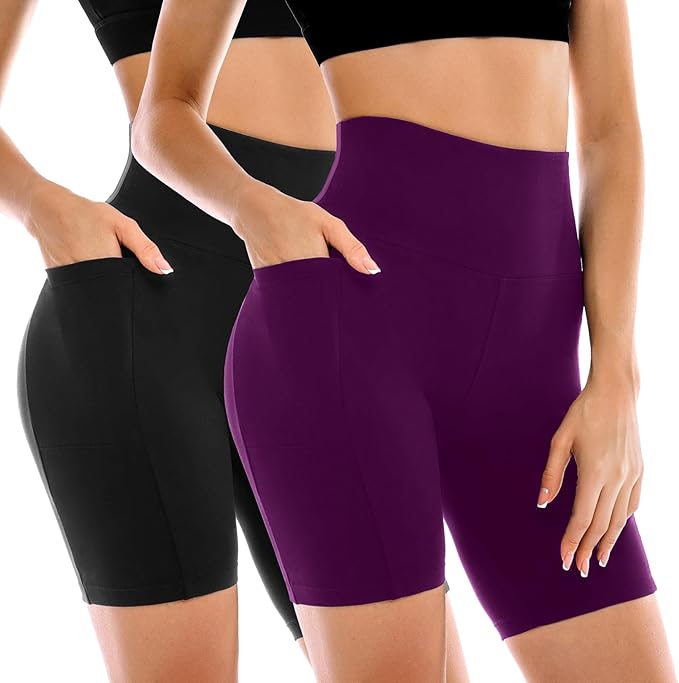 Leafigure 2 Pack Womens Biker Shorts with Pockets, High Waisted Yoga Shorts for Women Running Gym and Workout