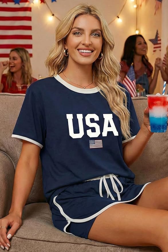 Opemiby Womens 2 Piece Skort Set 2026 Color Block Short Sleeve Top Drawstring Skort Matching Sets Casual Lounge Summer Outfit