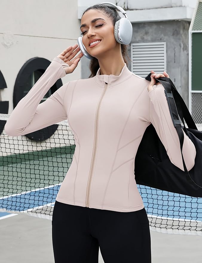 Rapbin Women's Slim Fit Workout Jackets Full Zip Long Sleeve Running Athletic Tops Yoga Shirts with Thumb Holes
