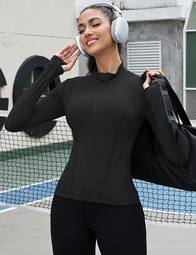 Rapbin Women's Slim Fit Workout Jackets Full Zip Long Sleeve Running Athletic Tops Yoga Shirts with Thumb Holes