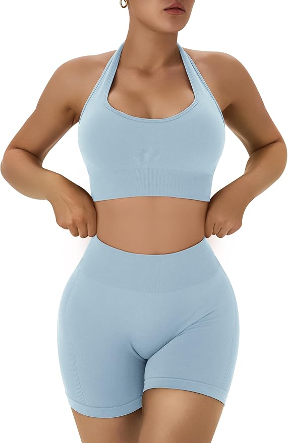 OLCHEE Workout Sets for Women 2 Piece Backless Halter Sports Bra High Waist Booty Shorts Yoga Gym Outfits Lounge Activewear