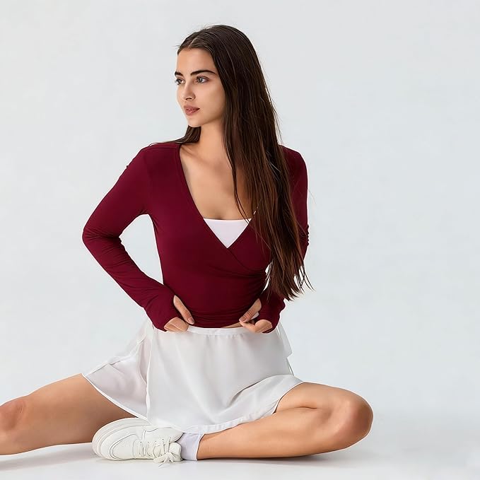 Women Wrap Top Thumb Hole Long Sleeve Self Tie Workout Shirt Pilates Ballet Yoga Tops
