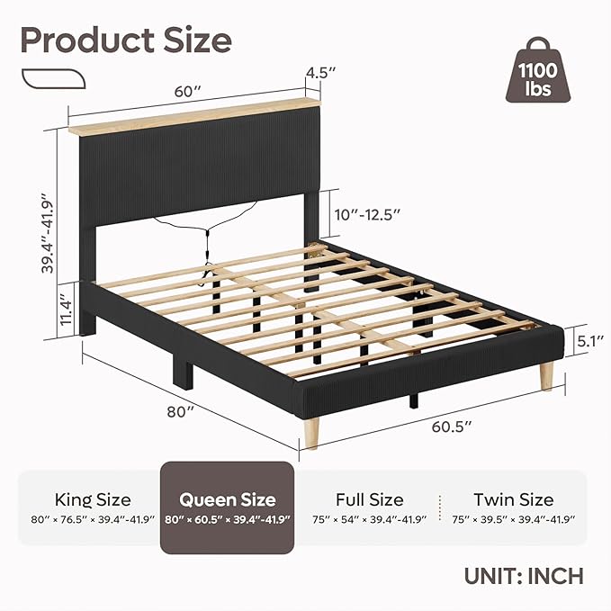 Bestier Queen Bed Frame with Adjustable Headboard & LED Lighting, Corduroy Upholstered Platform Bed Frame with Storage Shelf, Solid Wood Slats, No Box Spring Needed, Never Squeak, Easy Assembly, Black