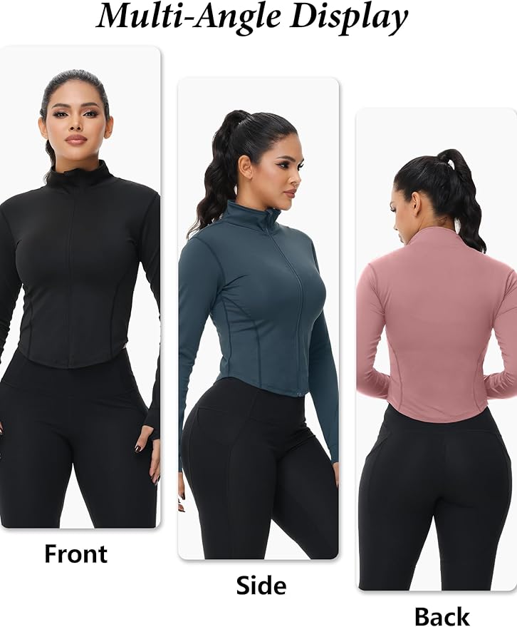 Dalavch 3 Pack Womens Cropped Full Zip up Workout Jacket Slim Fit Running Athletic Gym Yoga Sports Jacket with Thumb Holes