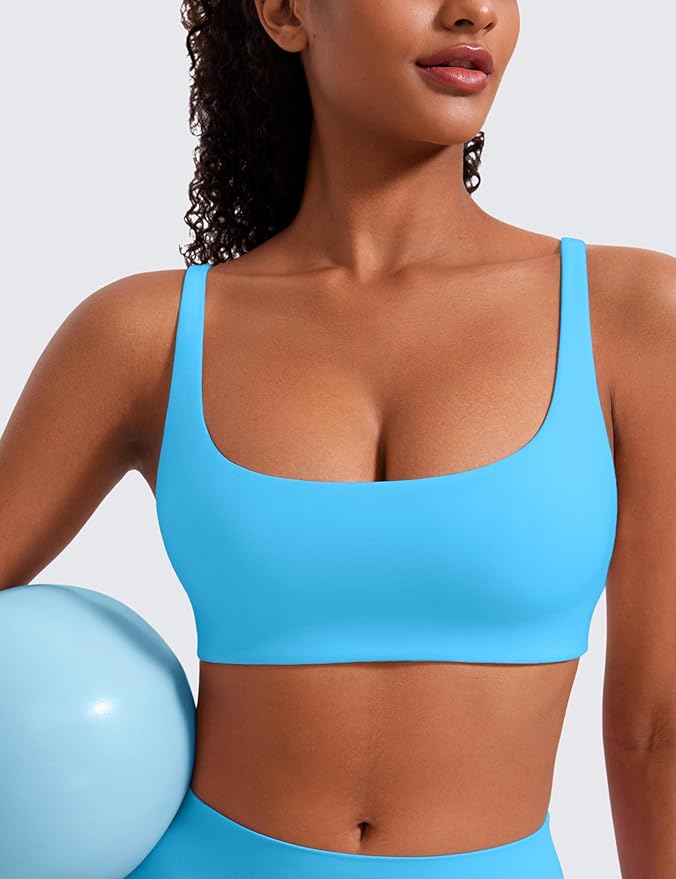 CRZ YOGA Butterluxe Square Neck Spaghetti Strap Sports Bras for Women - Low Coverage Yoga Wireless Padded Cami Crop Top