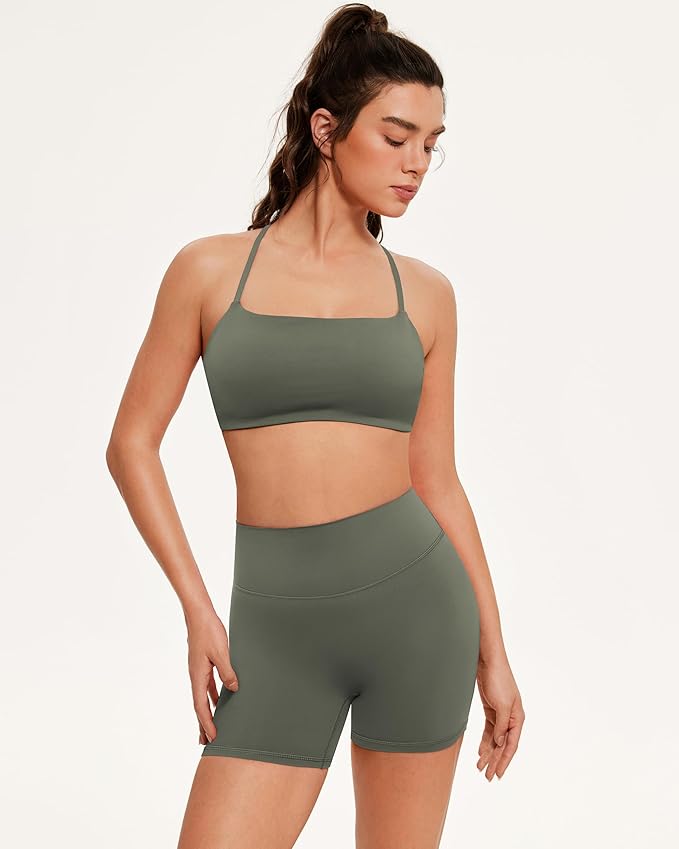 OMKAGI Workout Sets for Women Open Back Strappy Sports Bra Booty Biker Shorts Gym Outfits