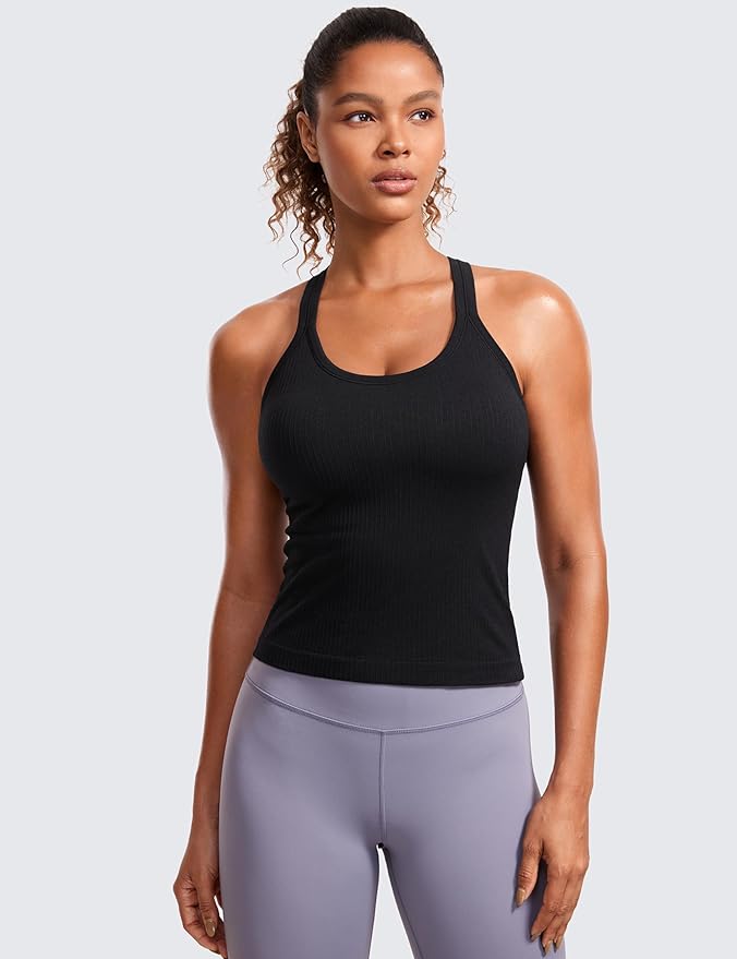 CRZ YOGA Seamless Ribbed Scoop Neck Tank Top for Women - Workout Racerback Padded Athletic Camisole with Built in Bra
