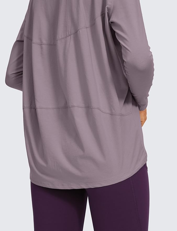 CRZ YOGA Pima Cotton Boat Neck Long Sleeve Shirts for Women - Workout Athletic Yoga Casual Tops Loose Fit Fall T-Shirts