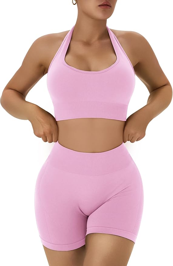 OLCHEE Workout Sets for Women 2 Piece Backless Halter Sports Bra High Waist Booty Shorts Yoga Gym Outfits Lounge Activewear