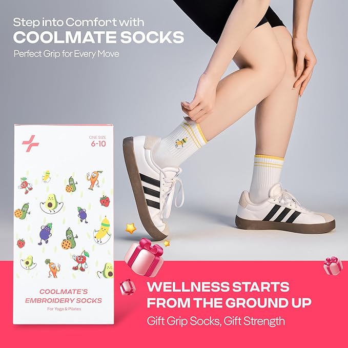 CoolMate Pilates Socks with Grips for Women, Yoga Socks, Crew Non Slip Women for Barre, Pilates Gifts for Women