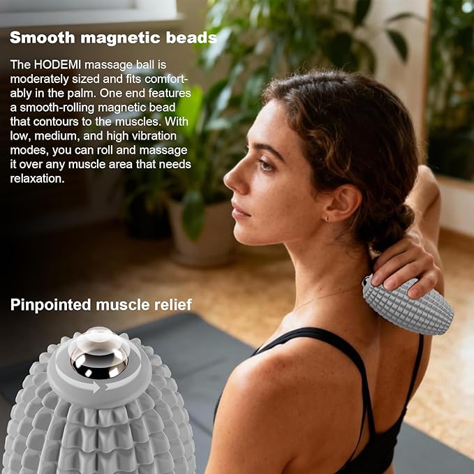 HODEMI Electric Vibrating Massage Roller, Handheld Muscle Massager with Ball-Shaped Rolling Head, 3 Speed Rechargeable Silicone Massager for Muscle Relaxation at Gym, Office & Travel (Gray)