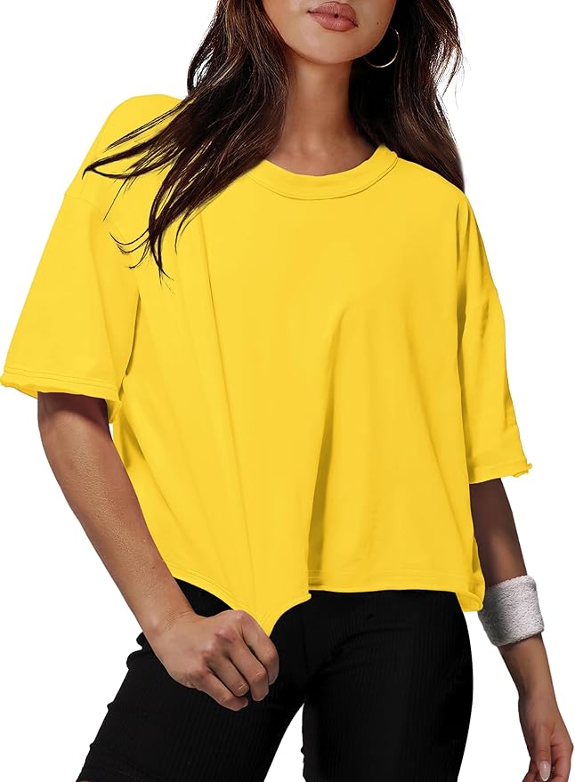 XIEERDUO Cotton Tshirts for Women Drop Shoulder Round Neck Oversized Crop Tops Workout Tops Tees