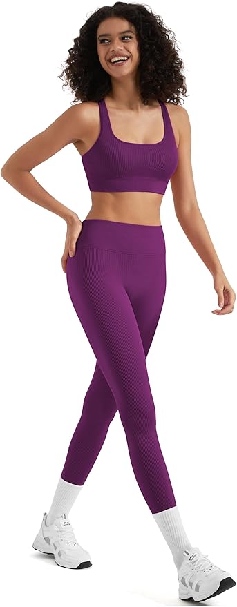 RXRXCOCO Ribbed Workout Sets for Women 2 Piece Backless Strappy Sports Bra Seamless Leggings Matching Set Yoga Outfits