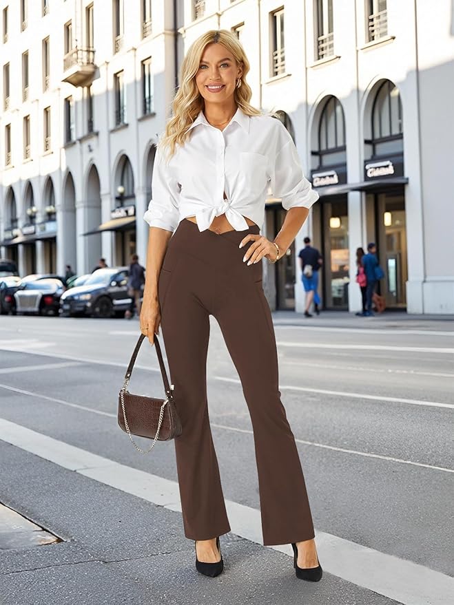 COPYLEAF Women's Flare Yoga Pants with Pockets V Crossover High Waisted Bootcut Yoga Leggings-Flare Workout Gym Leggings
