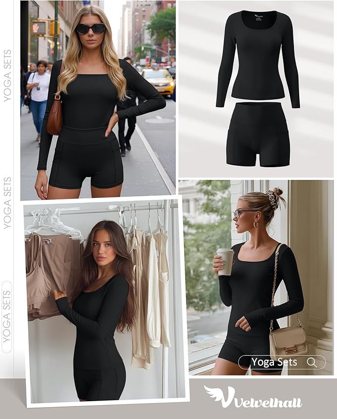 Women Workout Sets 2 Piece Yoga Square Neck Long Sleeve Top Athletic Seamless Short Pockets Sport Gym Run Outfits