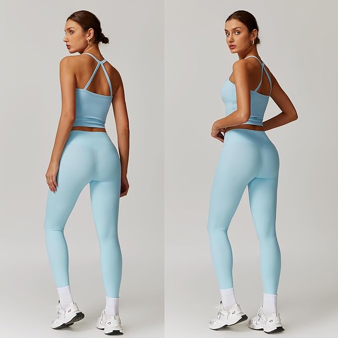 Women 2 Piece Workout Sets (NEW) Yoga Outfit Open Back Tank Top High Waisted Leggings Gym Sets Tracksuits