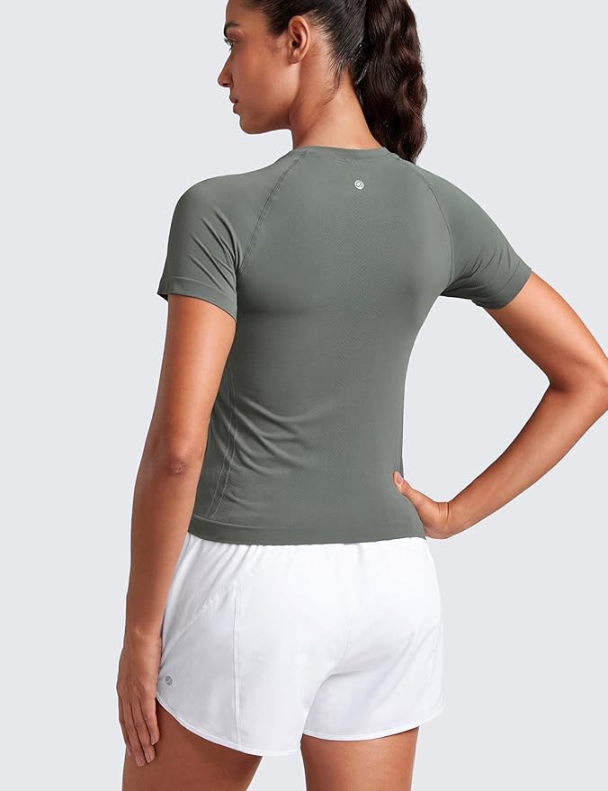CRZ YOGA Seamless Workout Tops for Women Waist Length - Running Gym Athletic Yoga Short Sleeve Shirts Breathable Crewneck