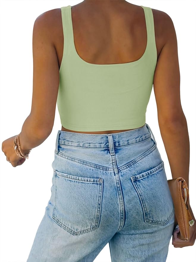 REORIA Women’s Sexy Square Neck Double Lined Seamless Sleeveless Cropped Tank Yoga Crop Basic Tops