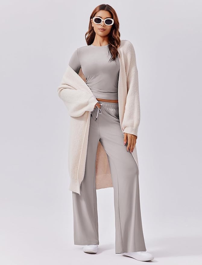 PINSPARK Women 2 Piece Lounge Set Long Sleeve Cropped Top Wide Leg Pants with Pockets 2024 Fall Outfits Matching Tracksuit